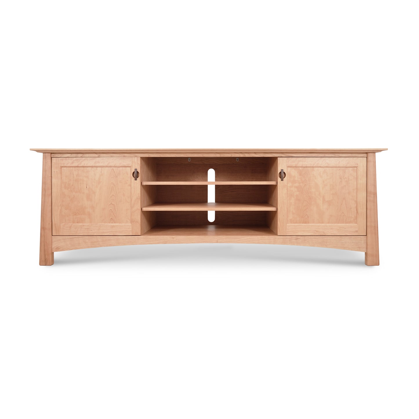 Cherry Moon 80" TV-Media Console featuring a wooden design with two side cabinets and three central open shelves, crafted by Maple Corner Woodworks.