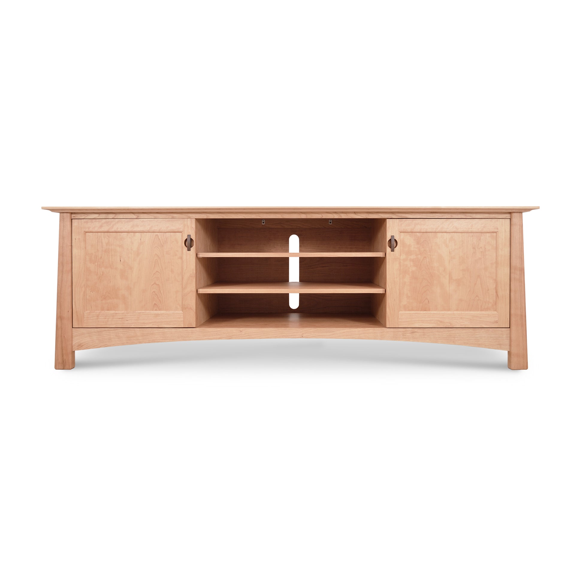 Cherry Moon 80" TV-Media Console featuring a wooden design with two side cabinets and three central open shelves, crafted by Maple Corner Woodworks.
