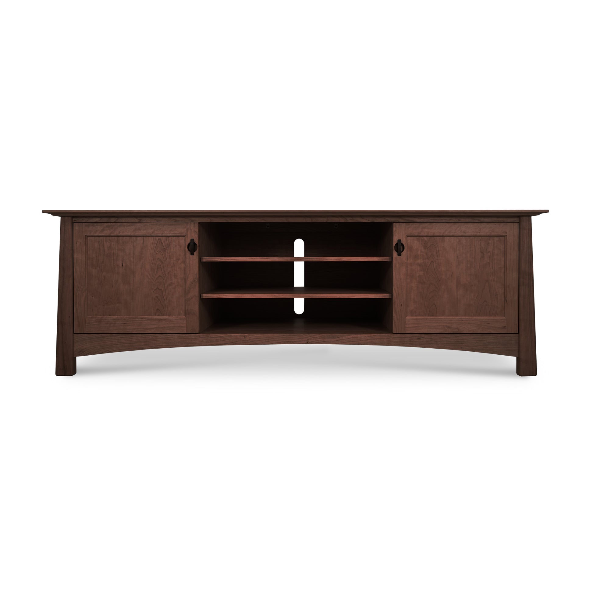 Cherry Moon 80" TV-Media Console showcasing broad wooden construction with dual side cabinet doors and two central open shelves, perfect for media storage and part of the Cherry Moon Furniture Collection.