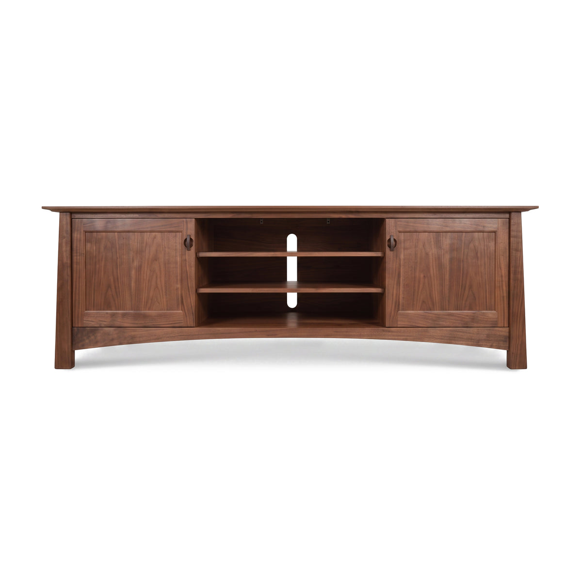 Cherry Moon 80″ TV-Media Console by Maple Corner Woodworks, with solid wood, two cabinets, three open shelves, and rear cable management.