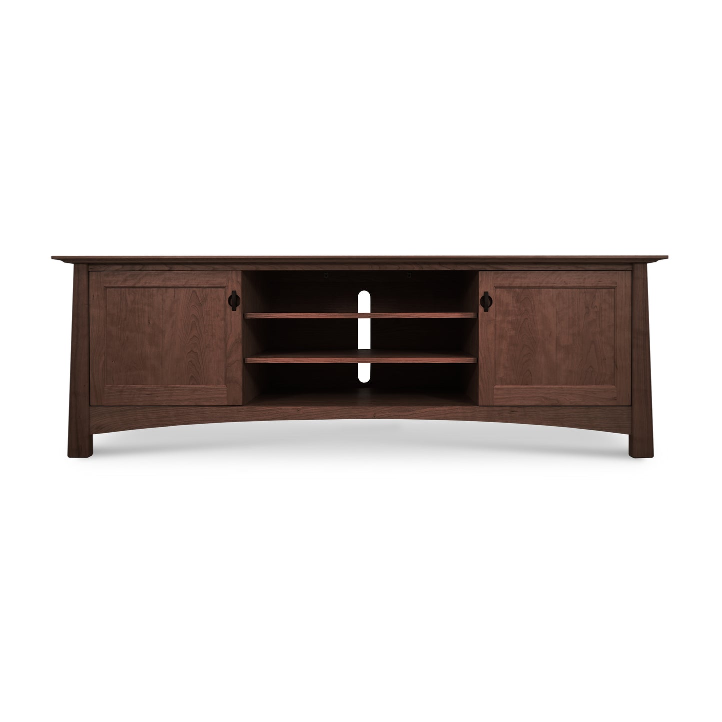 Cherry Moon 80" TV-Media Console showcasing broad wooden construction with dual side cabinet doors and two central open shelves, perfect for media storage and part of the Cherry Moon Furniture Collection.