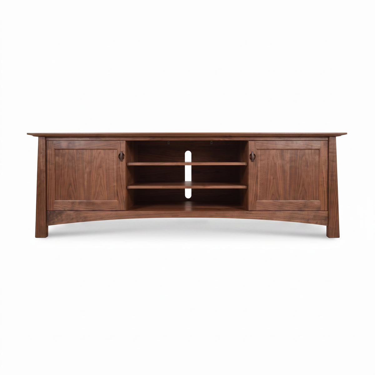 Cherry Moon 80″ TV-media console by Maple Corner Woodworks with 2 cabinets, 3 open shelves, and cable management hole in solid wood craftsmanship.