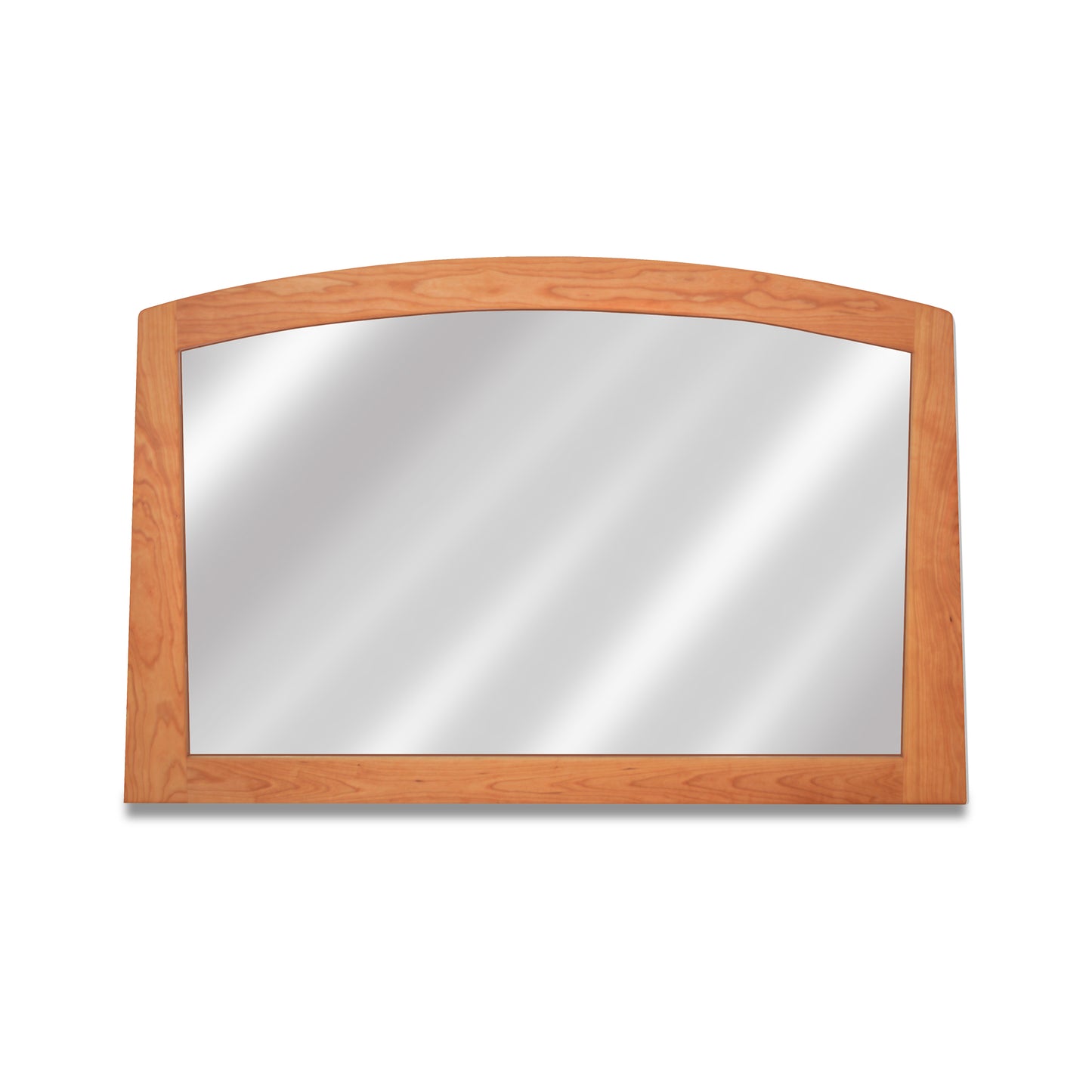 Cherry Moon Horizontal Mirror by Maple Corner Woodworks with a large, handcrafted light wood frame and slightly arched top edge.