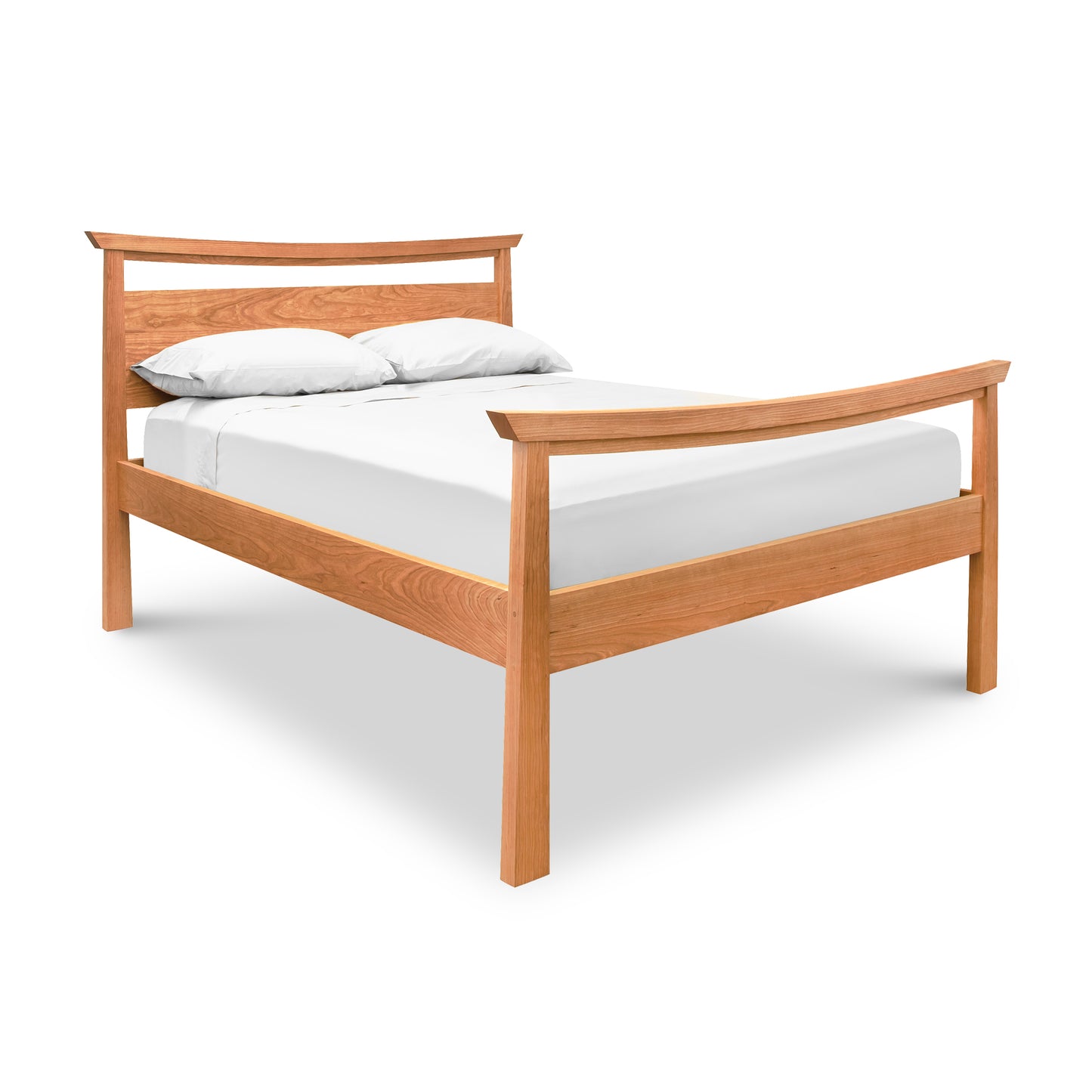 Maple Corner Woodworks Cherry Moon Pagoda Bed frame in natural cherry hardwood with a simple headboard and white bedding on a white background.