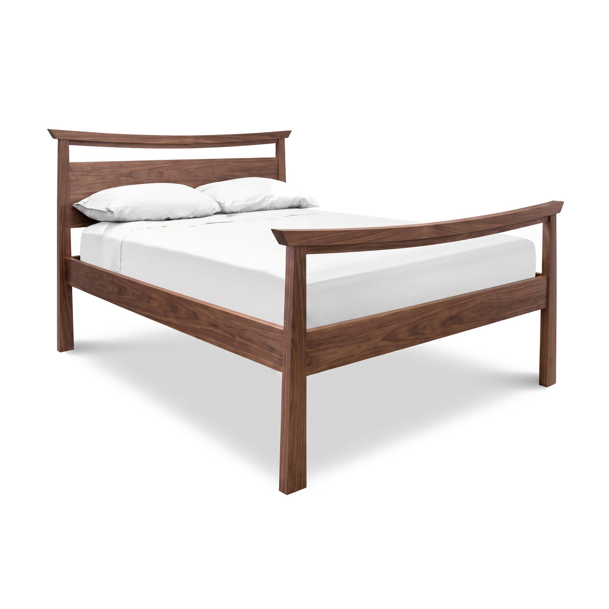 Cherry Moon Pagoda Bed by Maple Corner Woodworks with Asian-inspired curves, crafted in solid wood, shown with white bedding.