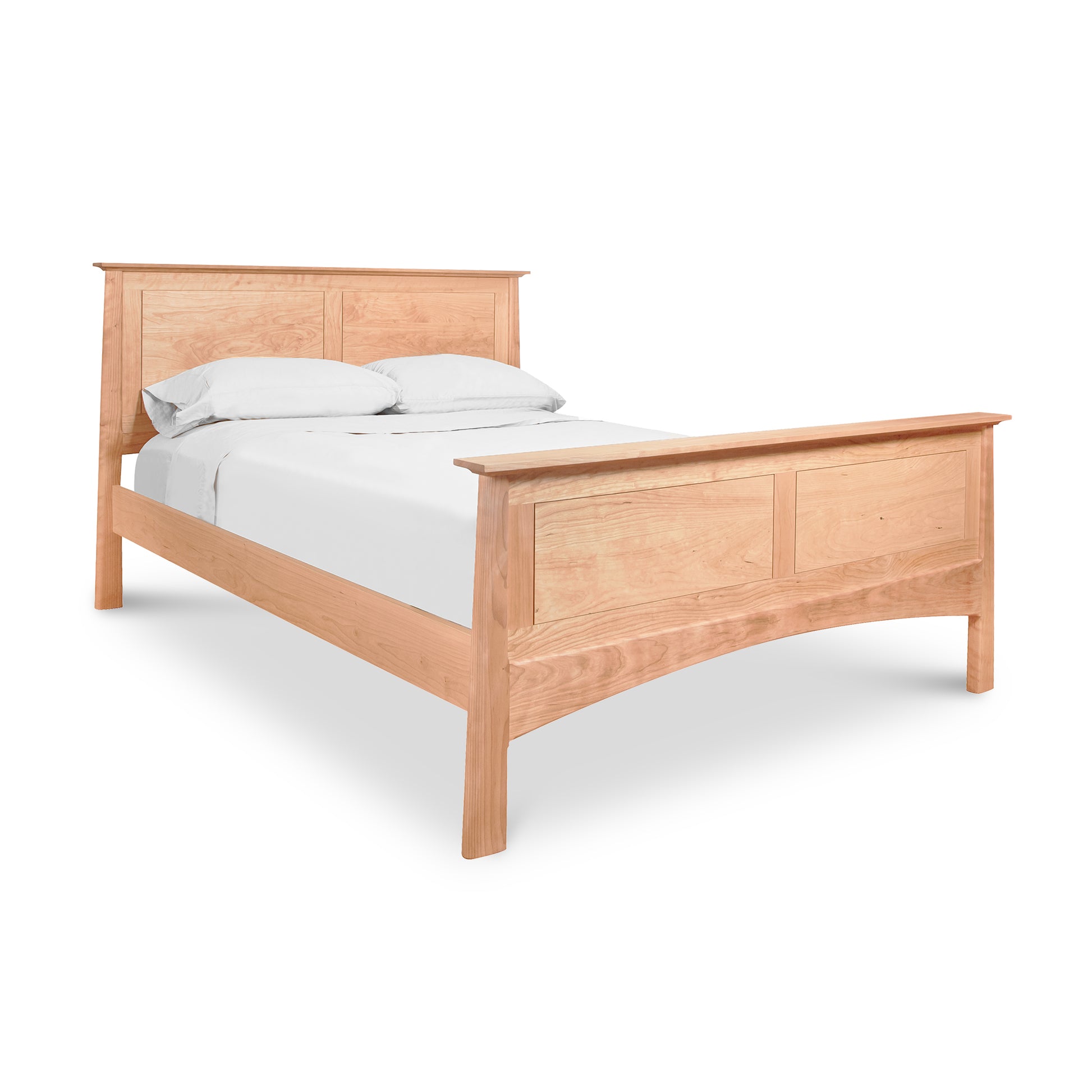 Cherry Moon Panel Bed by Maple Corner Woodworks in cherry wood, featuring elegant panel design and fine craftsmanship, displayed with white bedding.