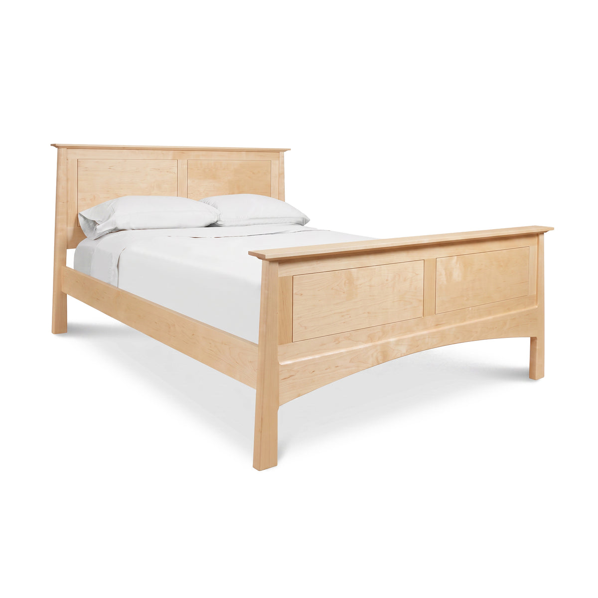 Maple Corner Woodworks Cherry Moon Panel Bed featuring solid cherry wood with headboard, footboard, and white bedding; handcrafted American furniture.