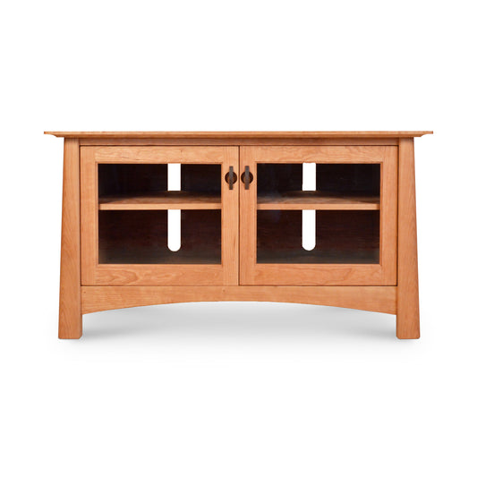 Cherry Moon 49" TV-Media Console, wooden stand with glass-panel doors, interior shelves, and dark handles by Maple Corner Woodworks.