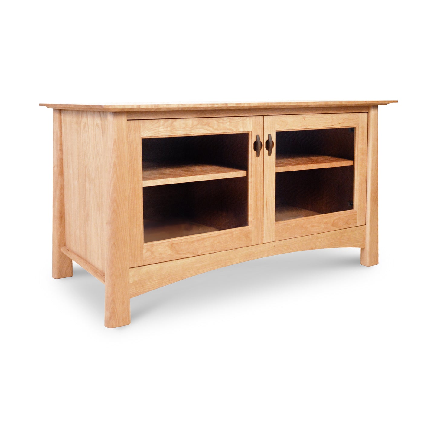 Cherry Moon 49" TV-Media Console by Maple Corner Woodworks featuring two glass-front doors, open shelf for media storage, and a light wood finish with a sturdy four-leg structure.