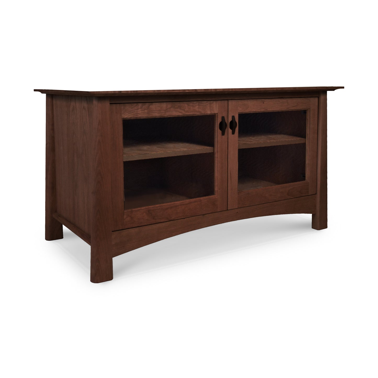 Cherry Moon 49" TV-Media Console by Maple Corner Woodworks in solid wood with a dark finish, featuring two glass doors and an open shelf.