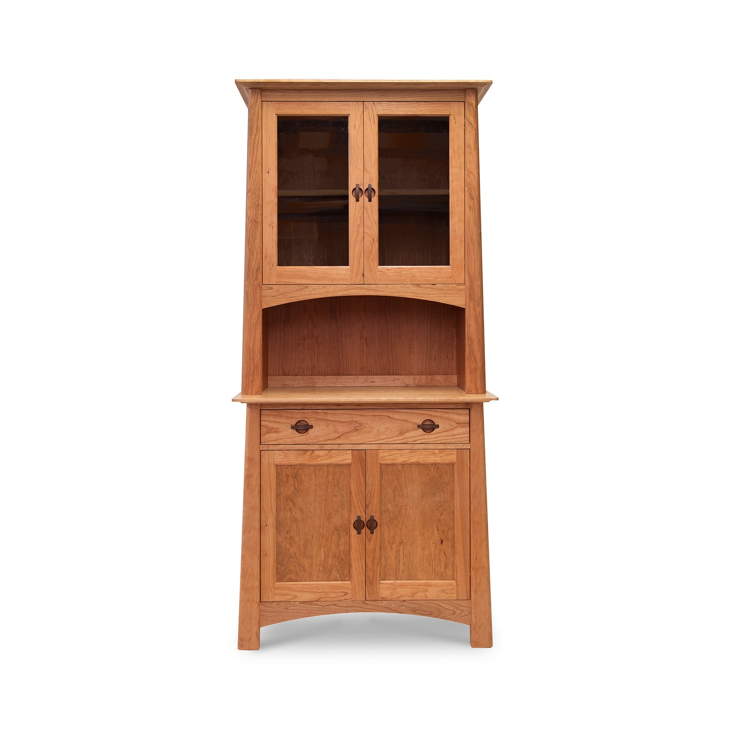 Cherry Moon Small China Cabinet by Maple Corner Woodworks, elegantly crafted from natural hardwoods; features two glass-paneled upper doors, open middle shelf, and two solid lower doors with sleek black handles.