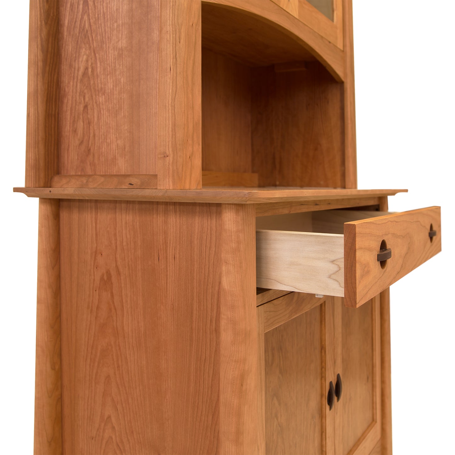 Cherry Moon Small China Cabinet by Maple Corner Woodworks, crafted from natural hardwoods with an elegant design, featuring an open drawer, two doors below, and shelving above for stylish storage.