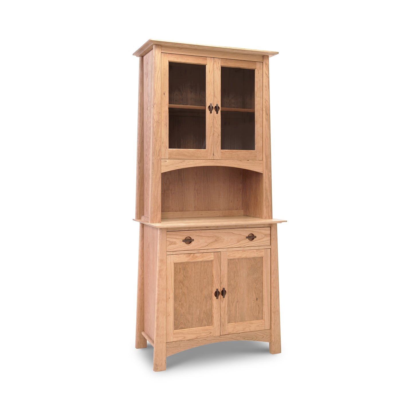 Cherry Moon Small China Cabinet by Maple Corner Woodworks, crafted from natural hardwoods with glass-paneled upper doors, a middle shelf, and two lower cabinets with metal handles
