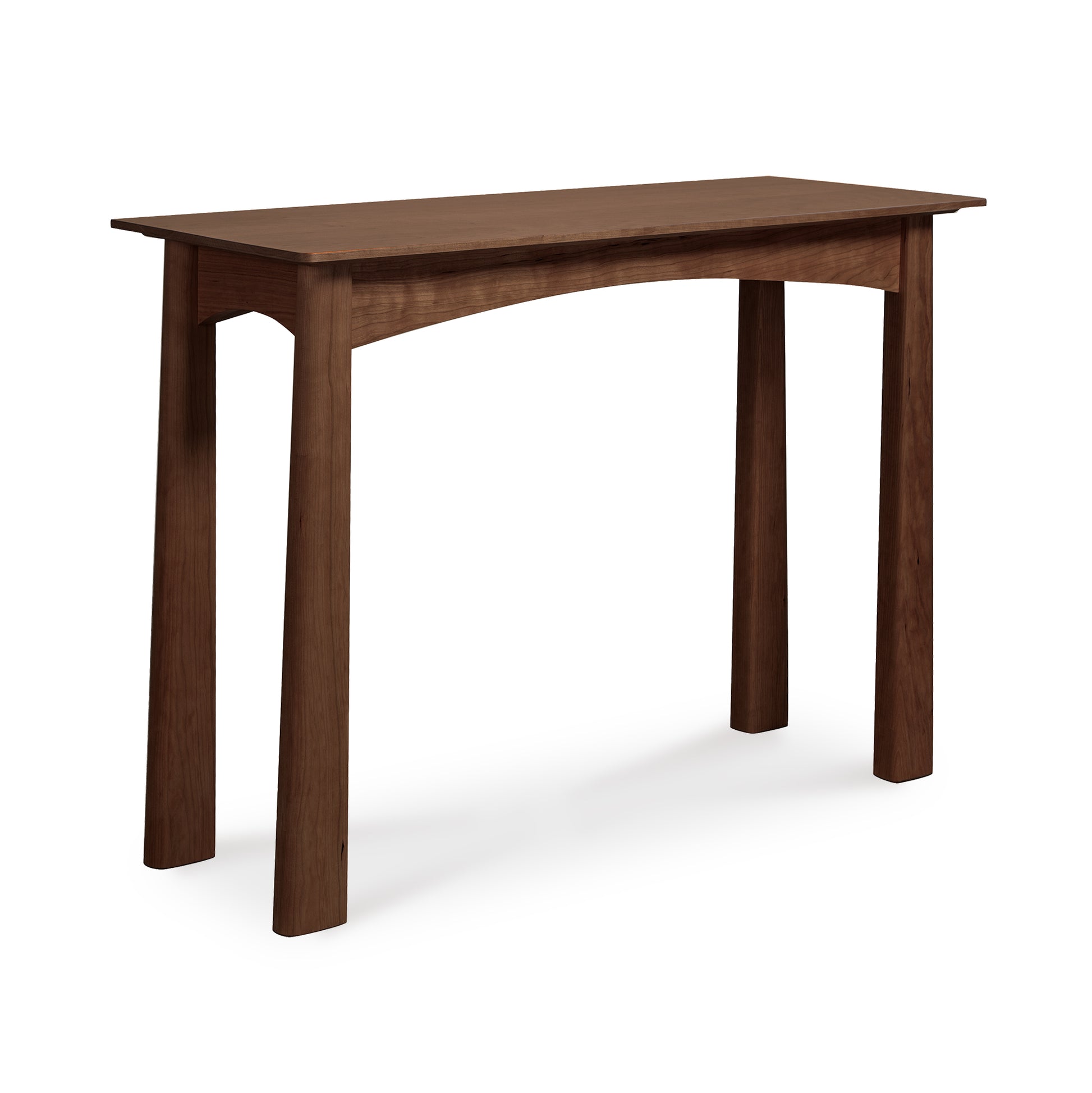 Cherry Moon Sofa Table by Maple Corner Woodworks featuring a sleek wooden console with four straight legs, a rectangular top, and an elegantly curved supporting structure.