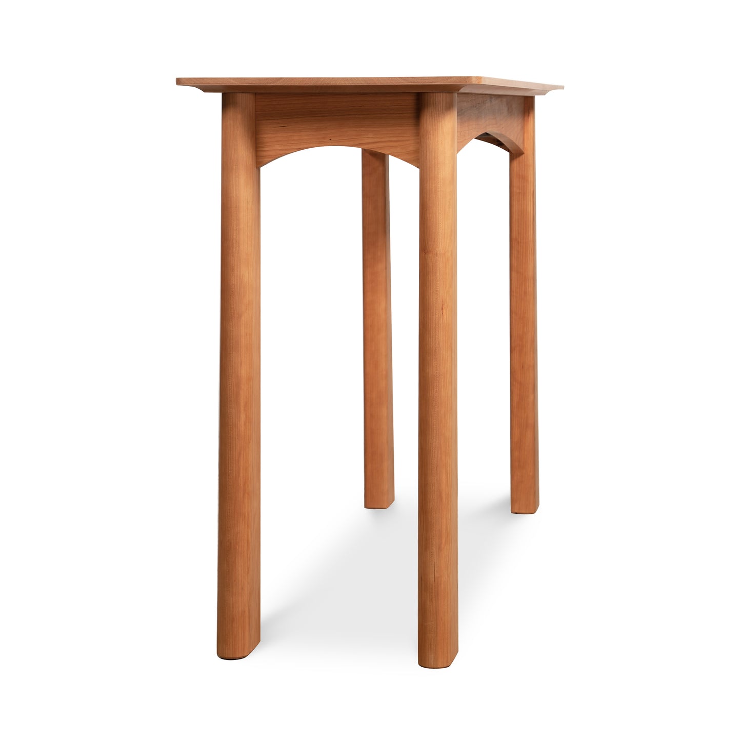 Cherry Moon Sofa Table by Maple Corner Woodworks - a tall wooden table with a minimalist design, featuring four round legs and a square top; handcrafted elegance in American-made furniture.
