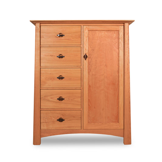 Sustainable hardwood Cherry Moon Sweater Chest with four drawers on the left and a single door on the right, against a white background, by Maple Corner Woodworks.
