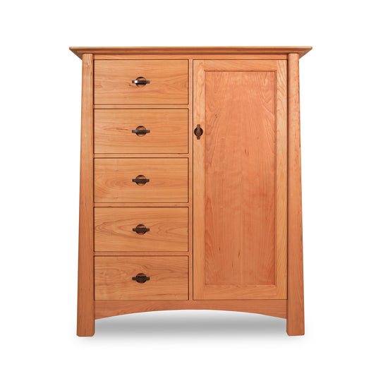 Cherry Moon Sweater Chest showcasing five spacious drawers and a cabinet door, crafted from sustainably harvested solid wood with metal handles and finished in eco-friendly oil.