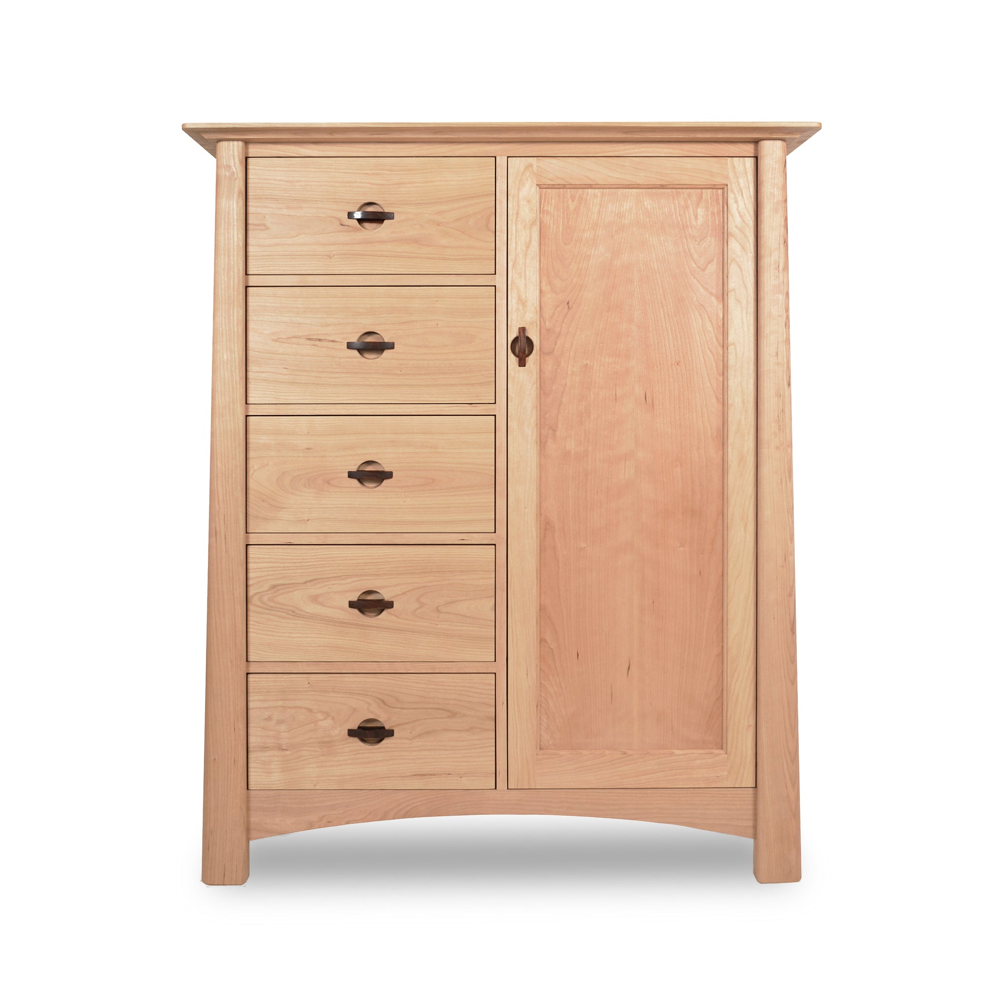 Maple Corner Woodworks Cherry Moon Sweater Chest: Sustainably harvested solid woods cabinet with four drawers on the left and a single door on the right, isolated on a white background, enhanced with an eco-friendly oil.