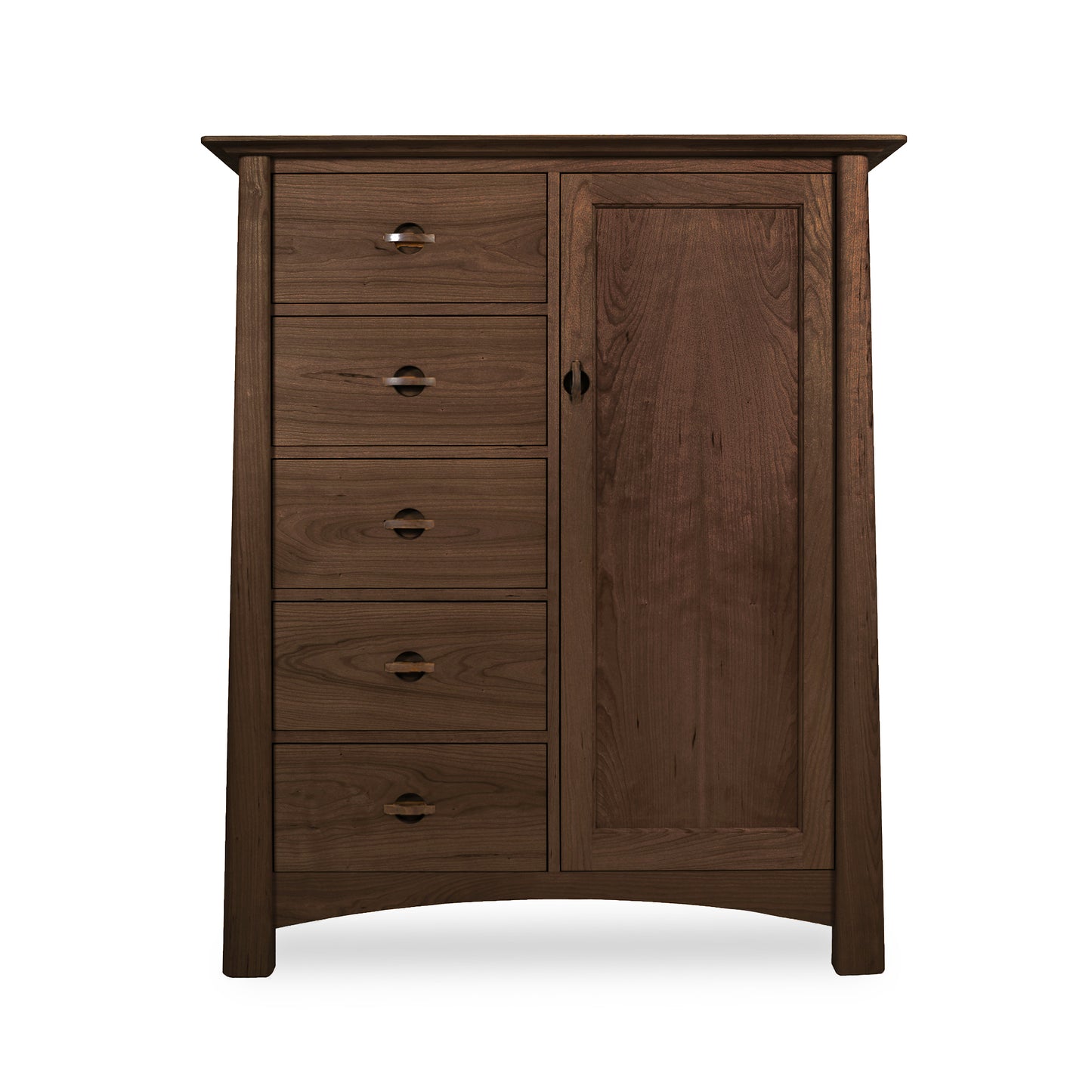 A Cherry Moon Sweater Chest with one door and four drawers against a white background, made from sustainably harvested solid woods with an eco-friendly oil finish by Maple Corner Woodworks.