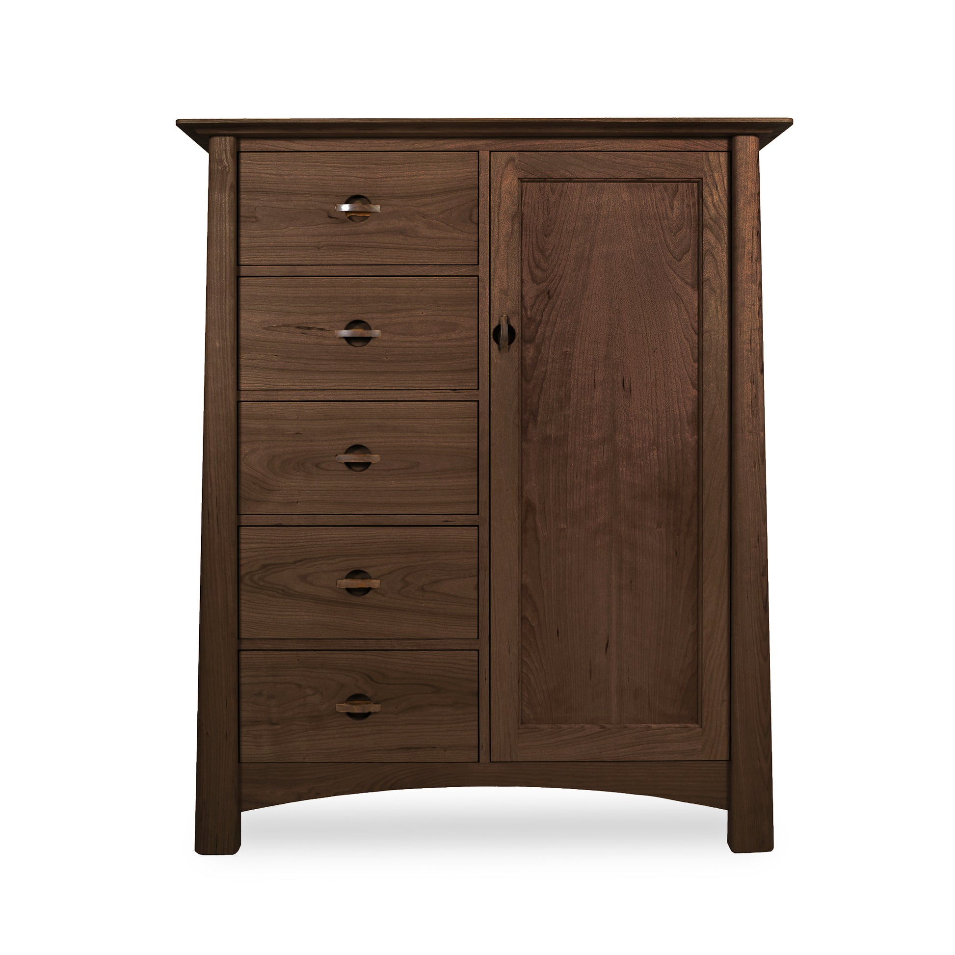 A Cherry Moon Sweater Chest by Maple Corner Woodworks with an eco-friendly oil finish featuring three drawers on the left side and a single door on the right, all with round handles, set against a white background.