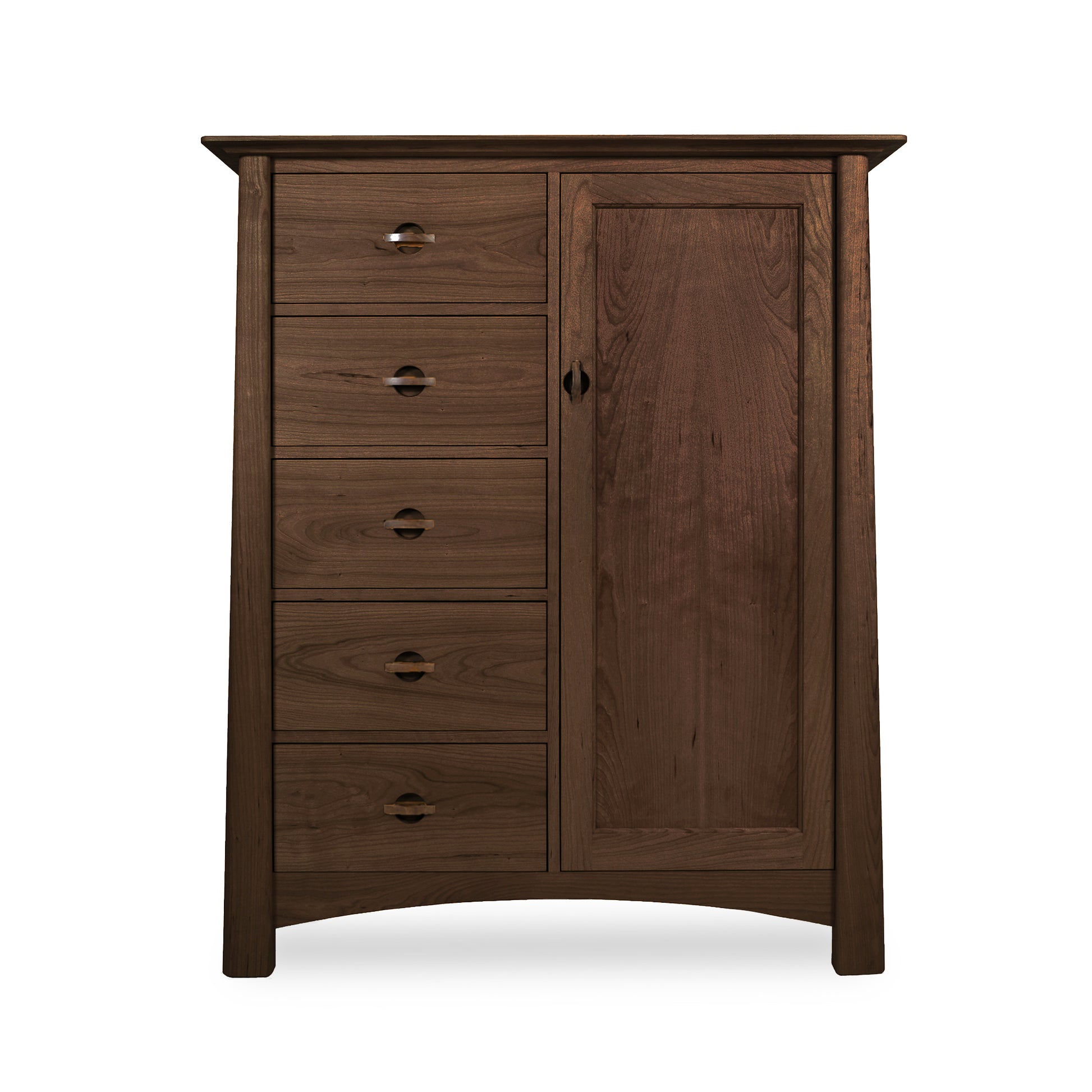 Cherry Moon Sweater Chest by Maple Corner Woodworks, tall wooden dresser with five drawers and single cabinet door, rich dark brown eco-friendly finish.
