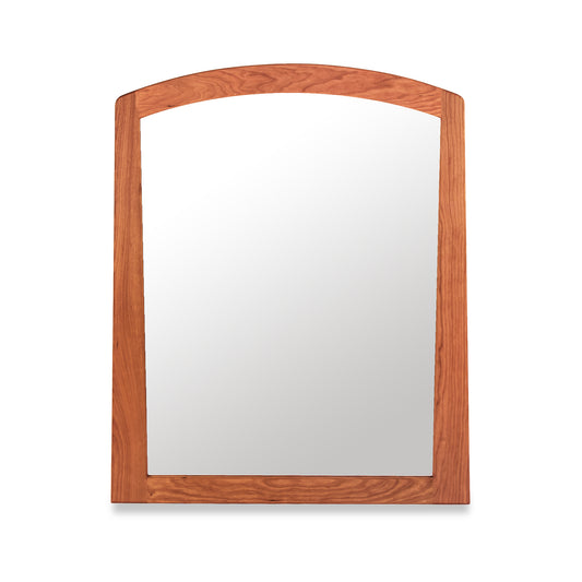 A standing Maple Corner Woodworks Cherry Moon Vertical Mirror with a solid wood frame sustainably harvested, isolated on a white background.