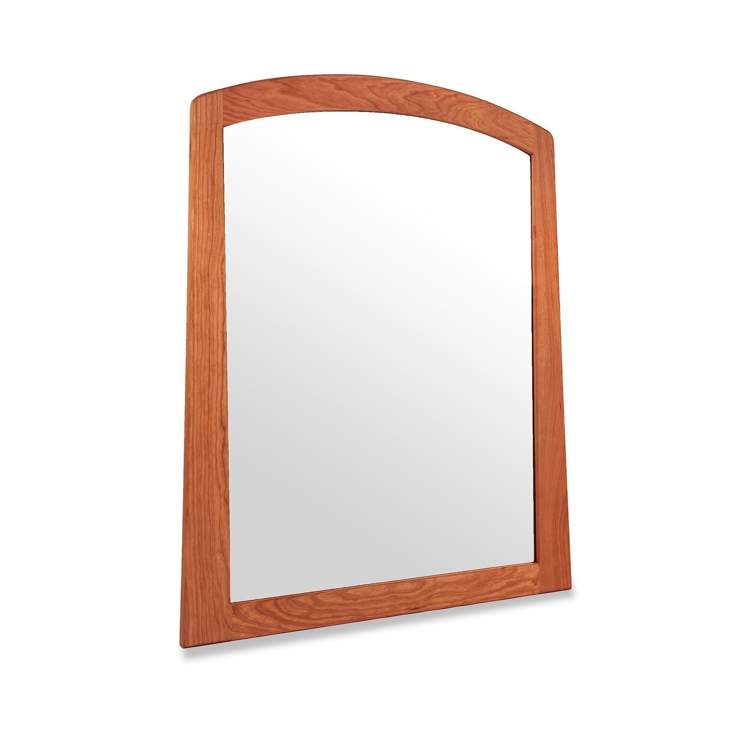 A Maple Corner Woodworks Cherry Moon Vertical Mirror, made from sustainably harvested solid wood with a wooden-framed rectangular shape and curved top corners, isolated on a white background.