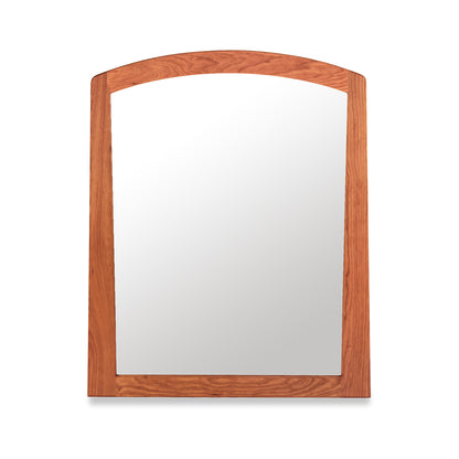 A solid wood, Maple Corner Woodworks Cherry Moon Vertical Mirror with a wooden-framed arch-top against a white background.