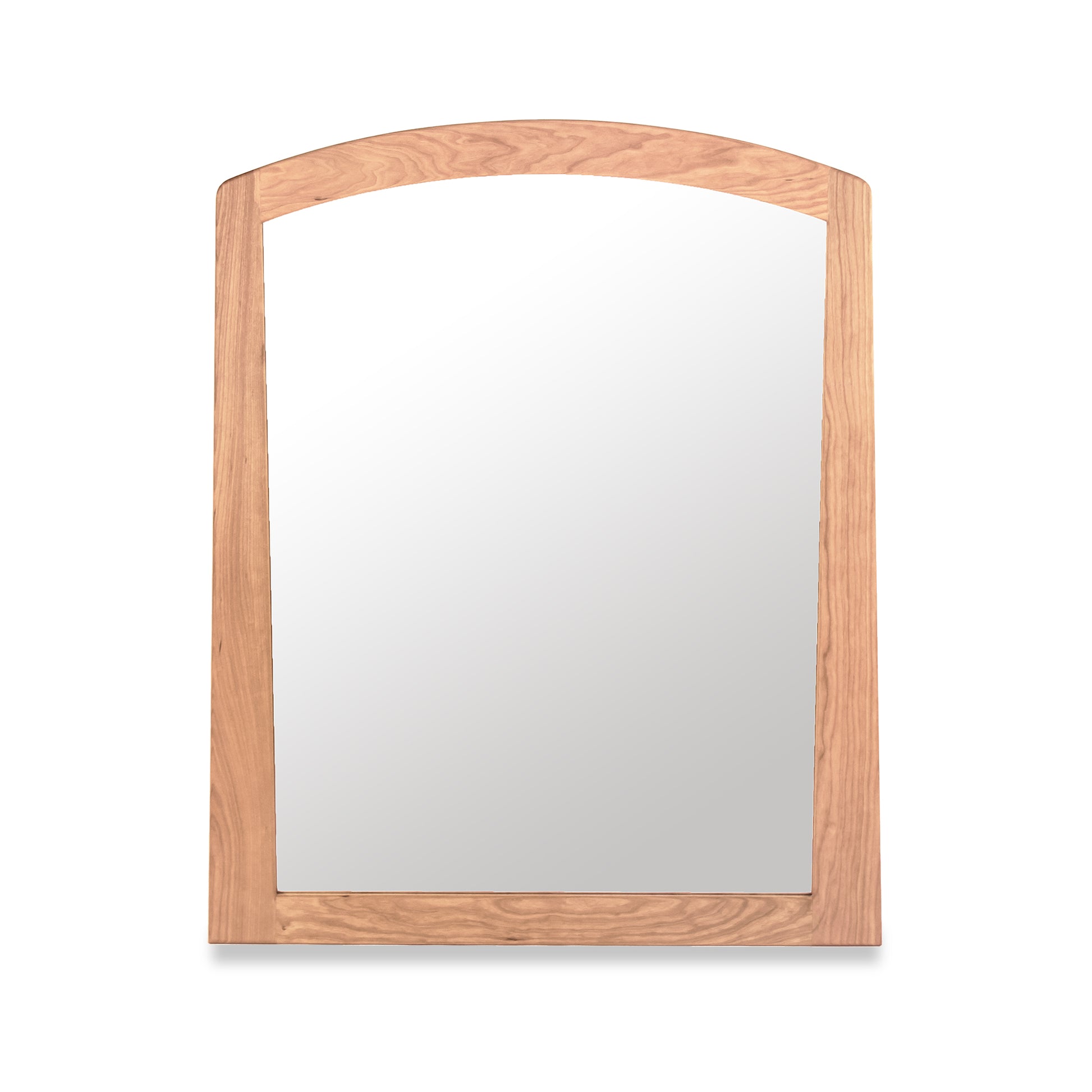 A Cherry Moon Vertical Mirror with an arched top isolated on a white background by Maple Corner Woodworks.