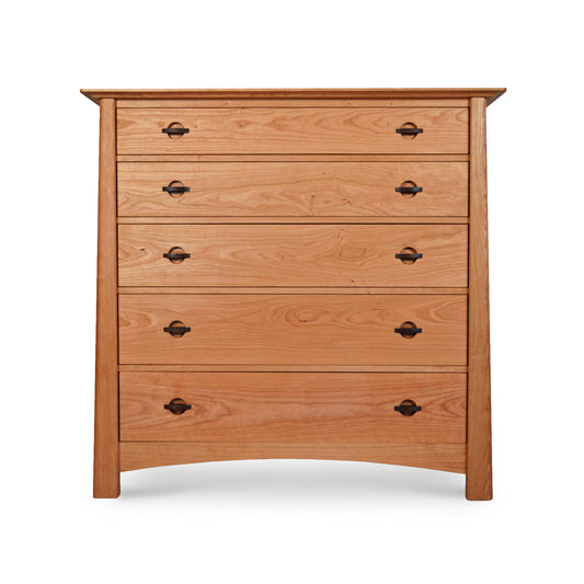 A wooden Maple Corner Woodworks Cherry Moon Wide 5-Drawer Chest with five drawers, each featuring a round, black metal handle, isolated on a white background. The dresser has a simple, sturdy design with a slightly