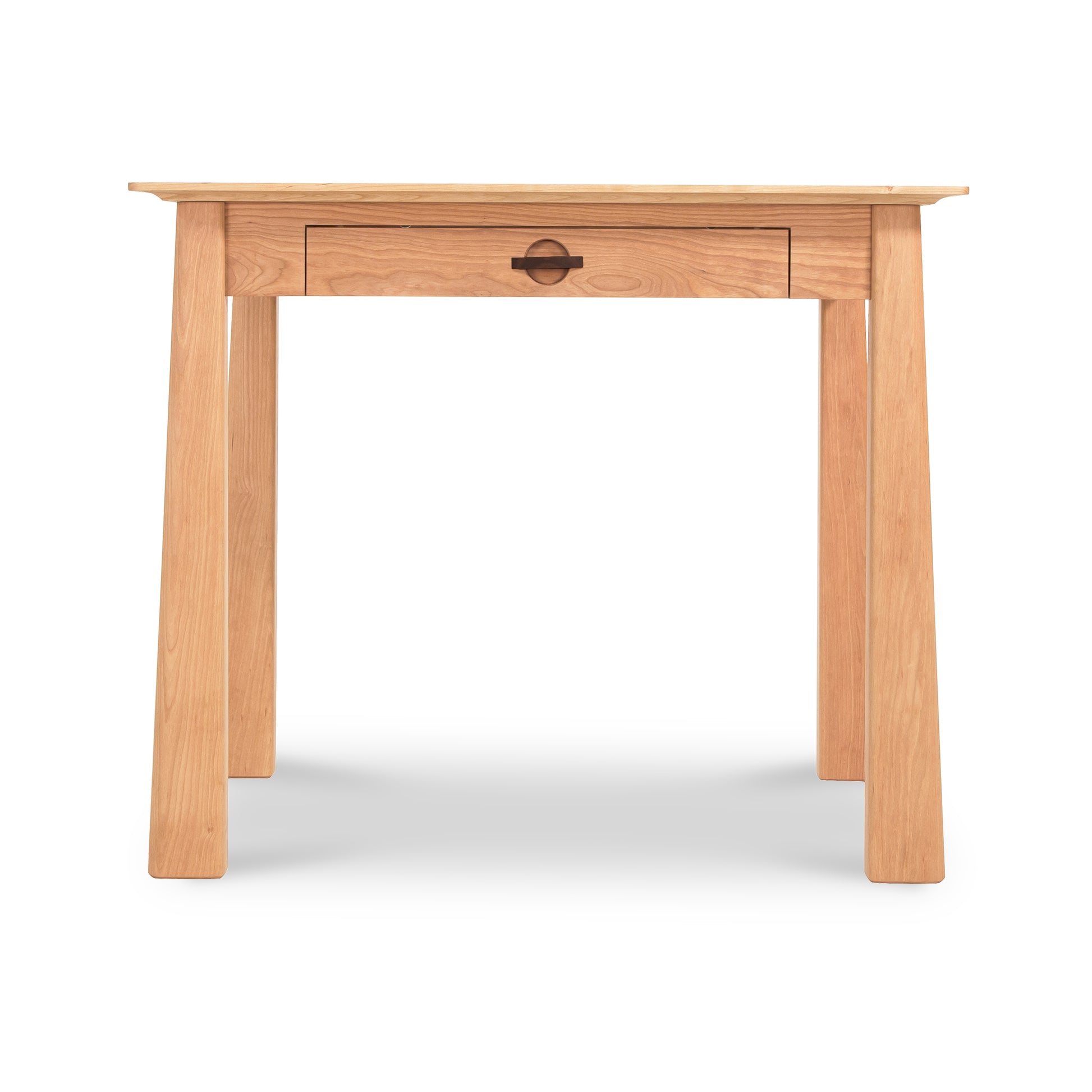 Cherry Moon Writing Desk by Maple Corner Woodworks in solid wood with a smooth light finish, straight legs, and eco-friendly design featuring a single center drawer.