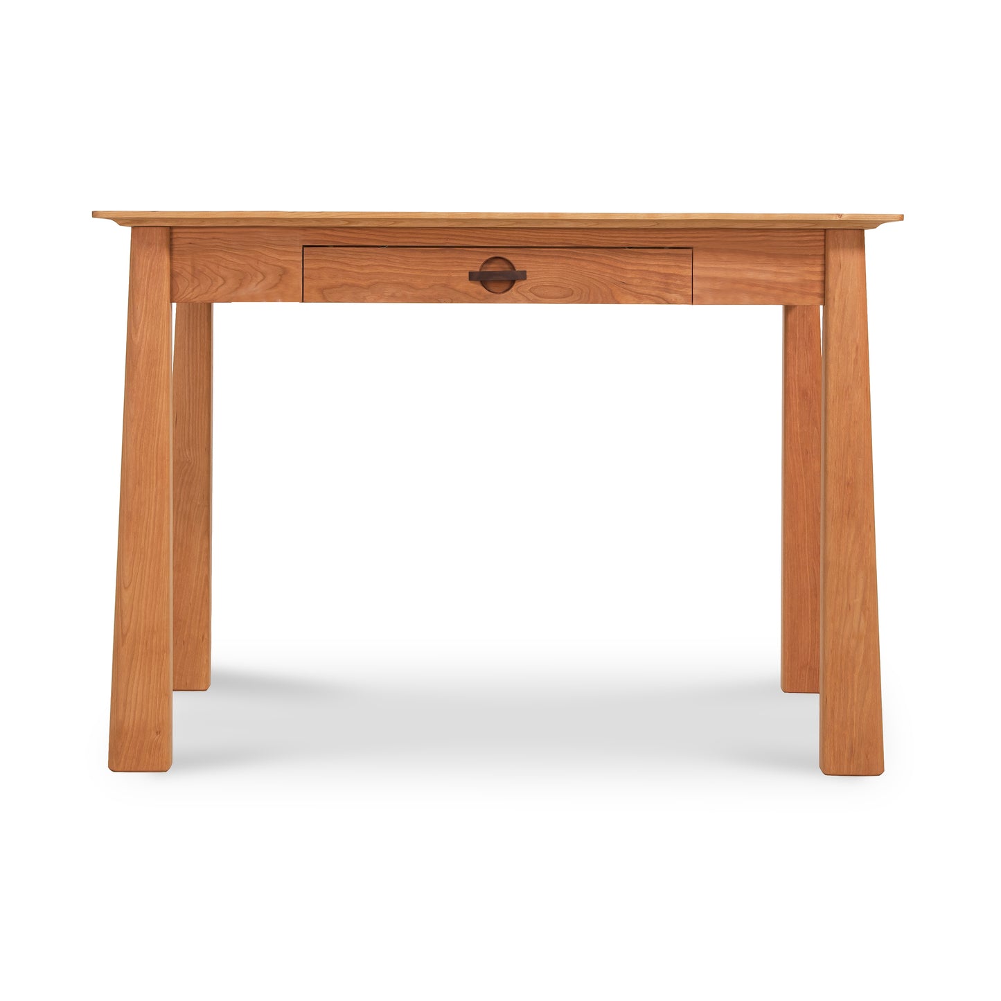 Cherry Moon Writing Desk by Maple Corner Woodworks in solid wood with light finish, straight legs, and single center drawer with round handle.