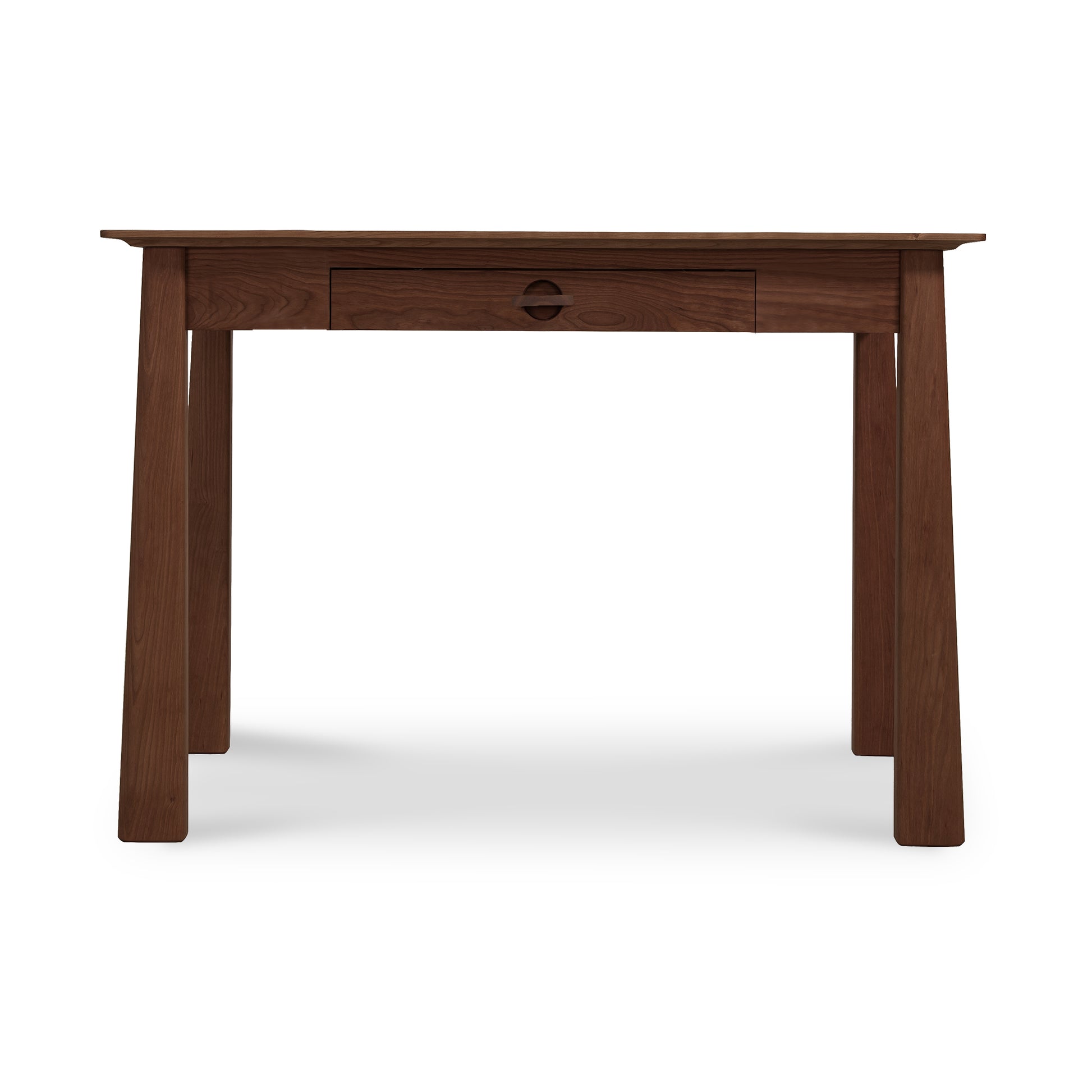 Maple Corner Woodworks Cherry Moon Writing Desk with a solid wood rectangular design, featuring a central drawer and angled legs.