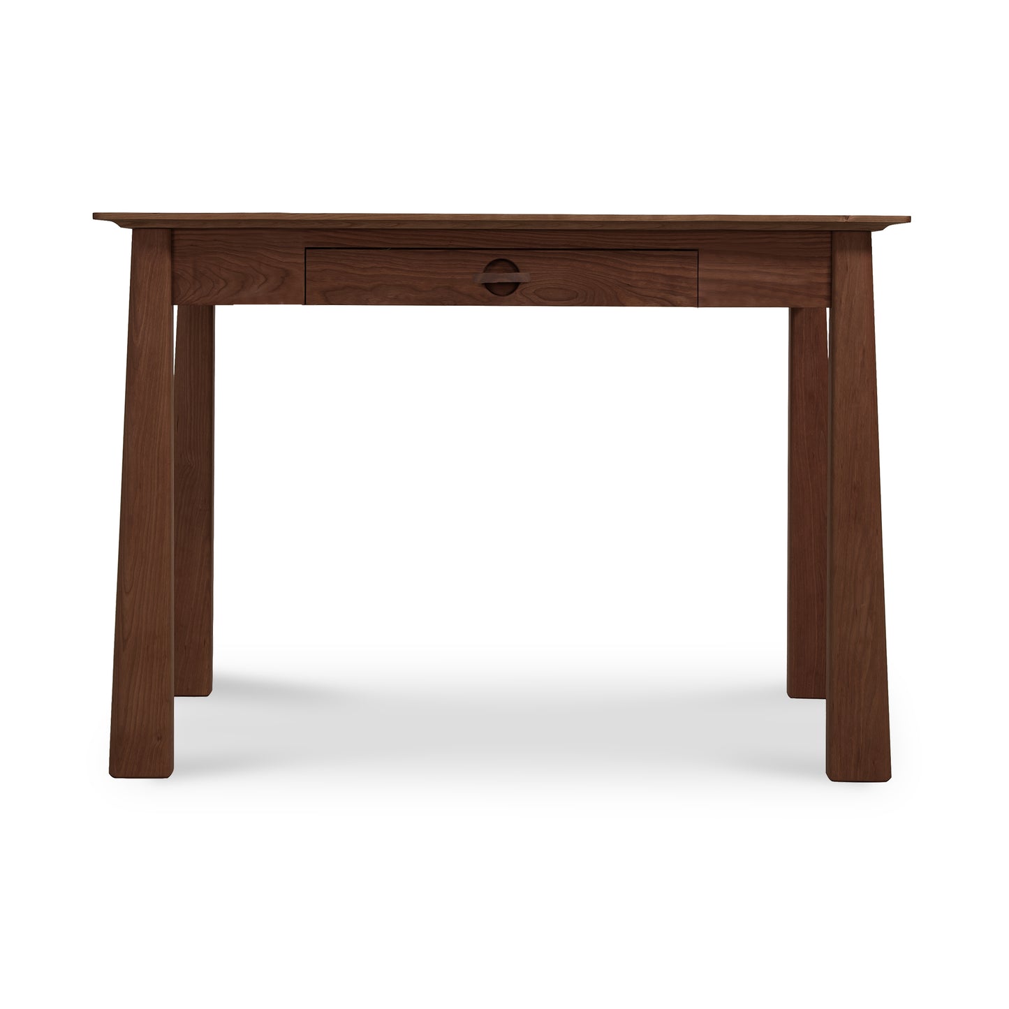 Maple Corner Woodworks Cherry Moon Writing Desk with a solid wood rectangular design, featuring a central drawer and angled legs.