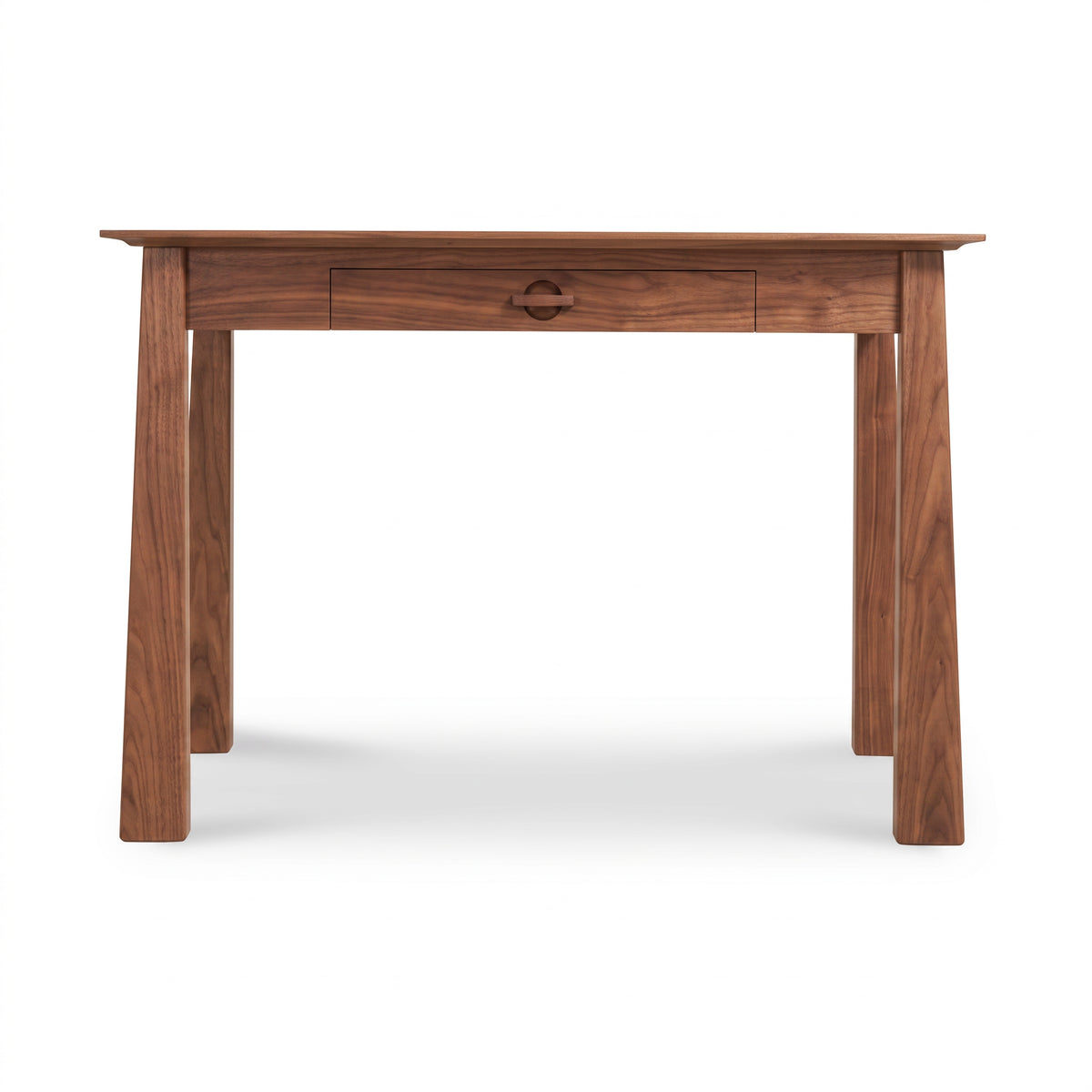 Cherry Moon Writing Desk in solid cherry, handcrafted by Maple Corner Woodworks with a central drawer and angled legs, made in Vermont.