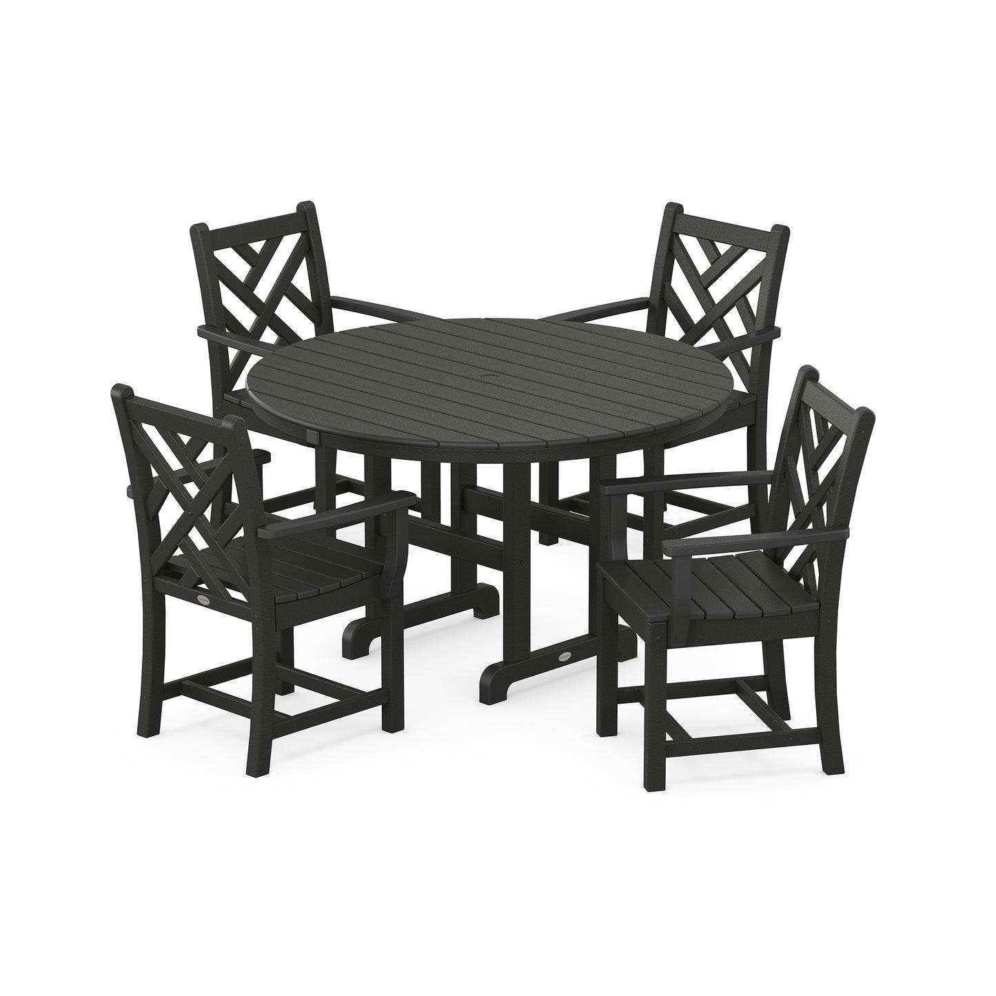 POLYWOOD Chippendale 5-Piece Dining Set featuring a sleek black round table and four crisscross back chairs.