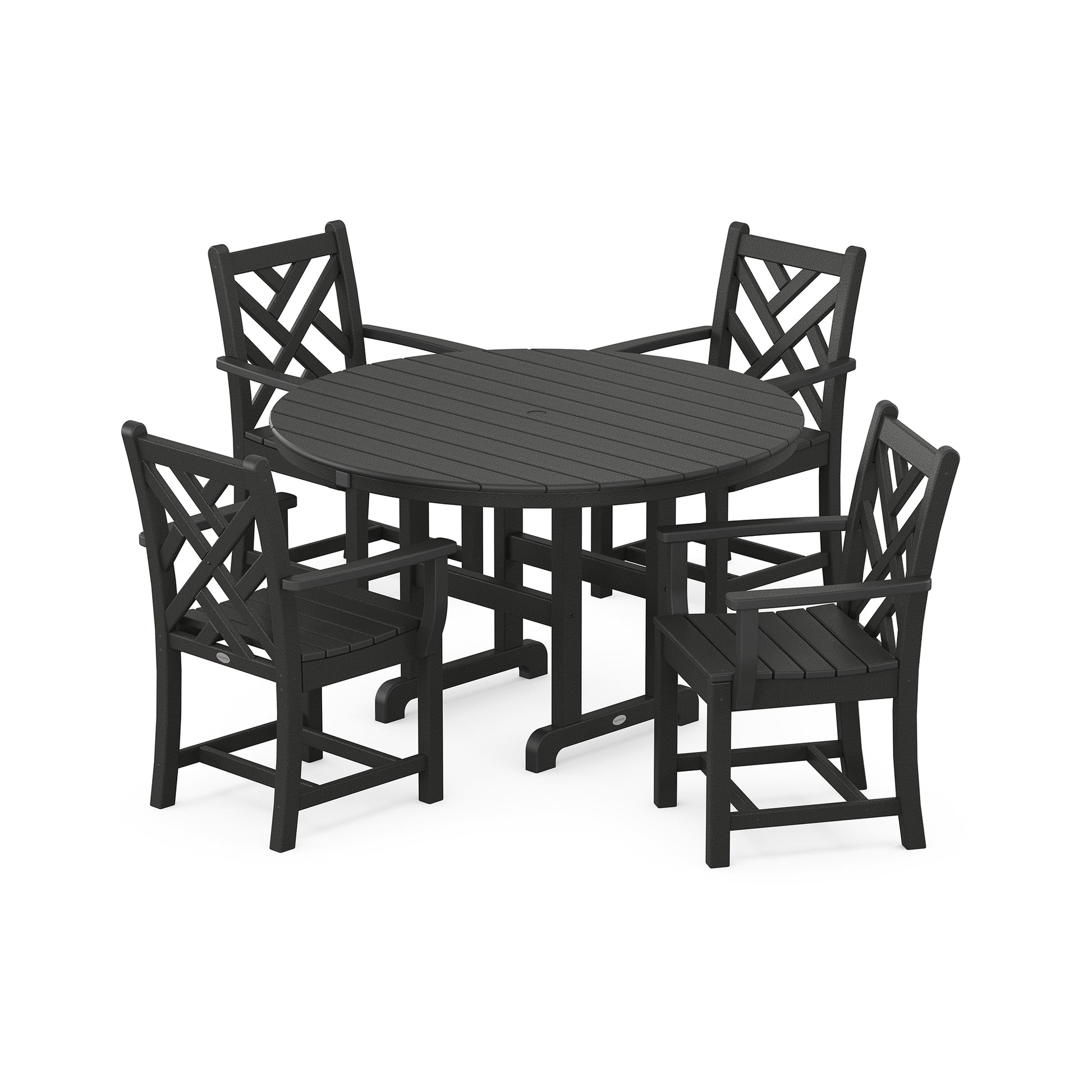 POLYWOOD Chippendale 5-Piece Dining Set featuring a sleek black round table and four crisscross back chairs.