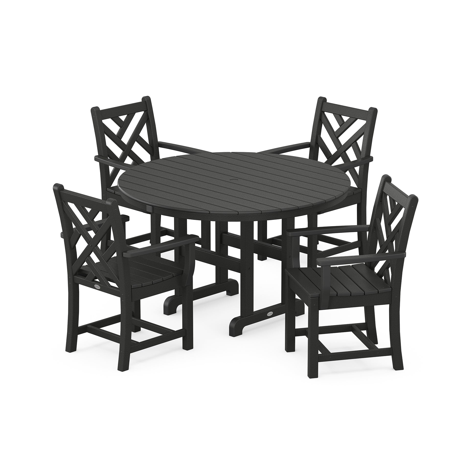 A black outdoor dining set consisting of a round table and four chairs with x-back designs, all crafted from POLYWOOD® recycled lumber, positioned on a plain white background.