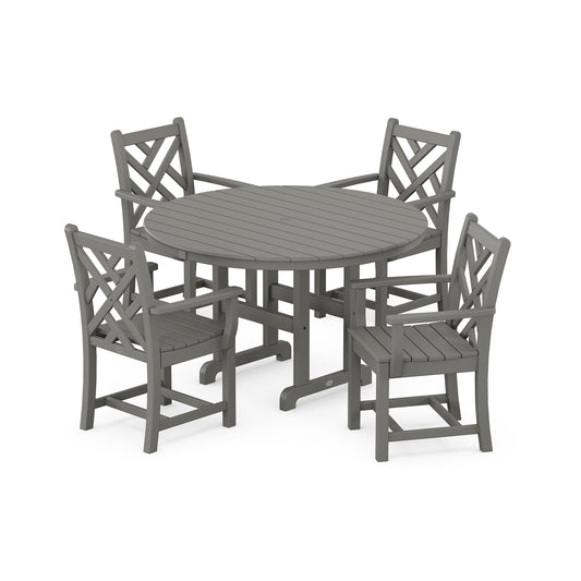 POLYWOOD Chippendale 5-Piece Dining Set showcasing a round gray table with four chairs, featuring elegant slatted designs and distinctive crisscross backs.