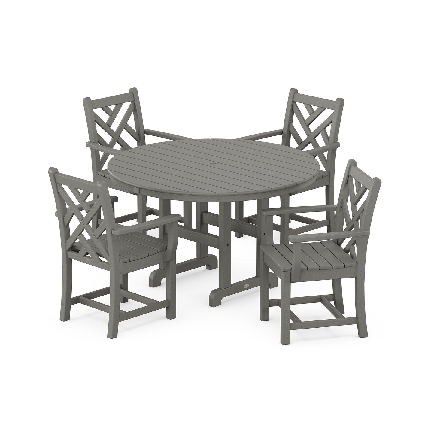 A gray patio dining set crafted from POLYWOOD® recycled lumber, featuring a round table and four matching chairs with an x-back design, all on a plain white background.