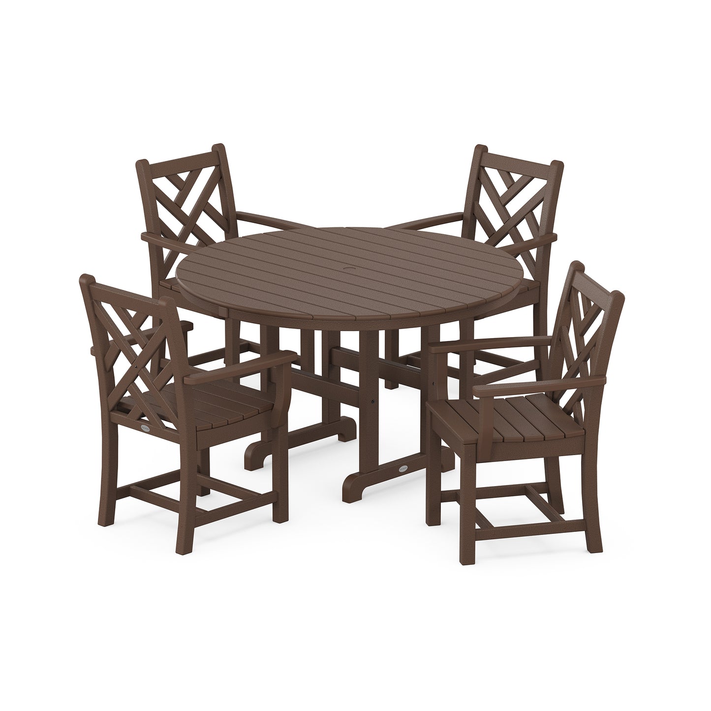 POLYWOOD Chippendale 5-Piece Dining Set featuring a brown round table and four chairs with elegant cross backrests.