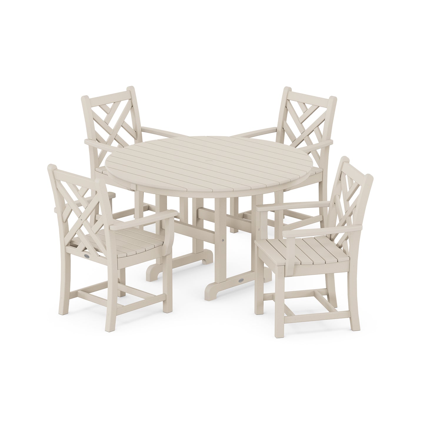 Beige POLYWOOD Chippendale dining set featuring a round table and four 18th-century style crisscross backed chairs.