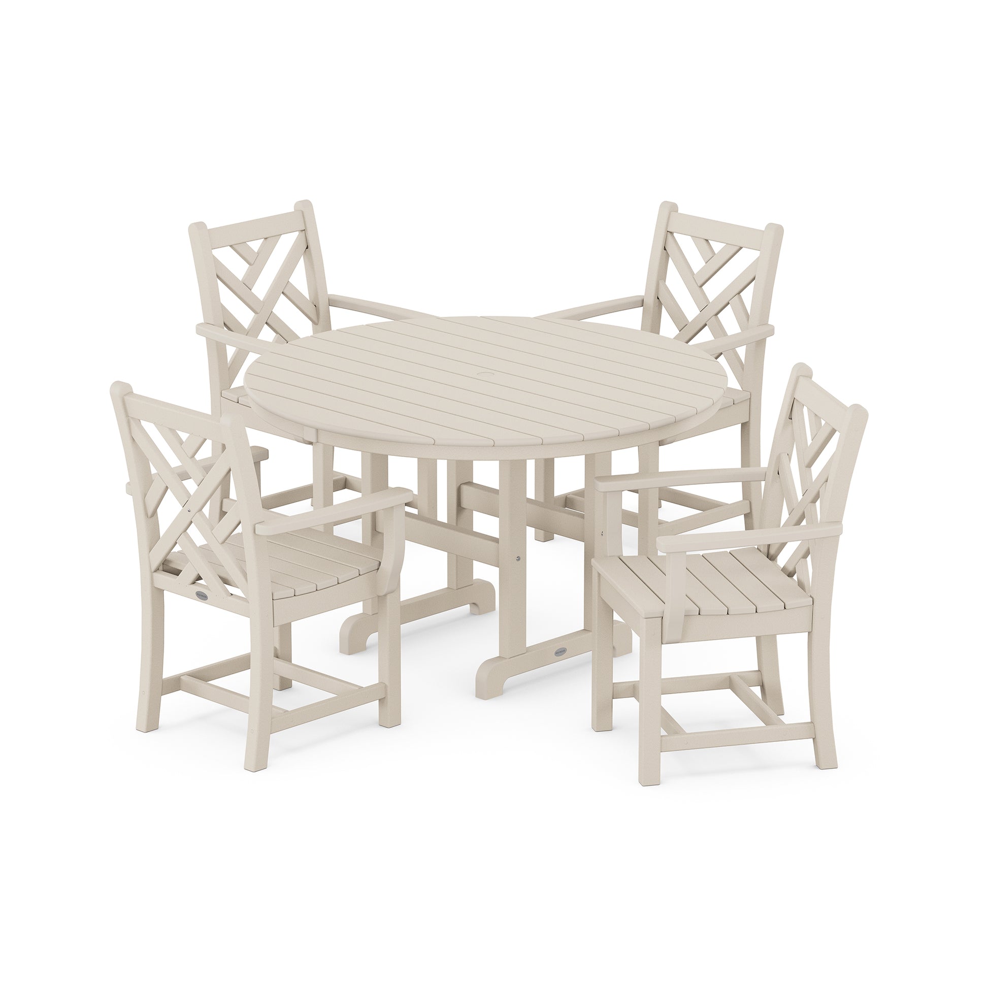 Beige POLYWOOD Chippendale dining set featuring a round table and four 18th-century style crisscross backed chairs.