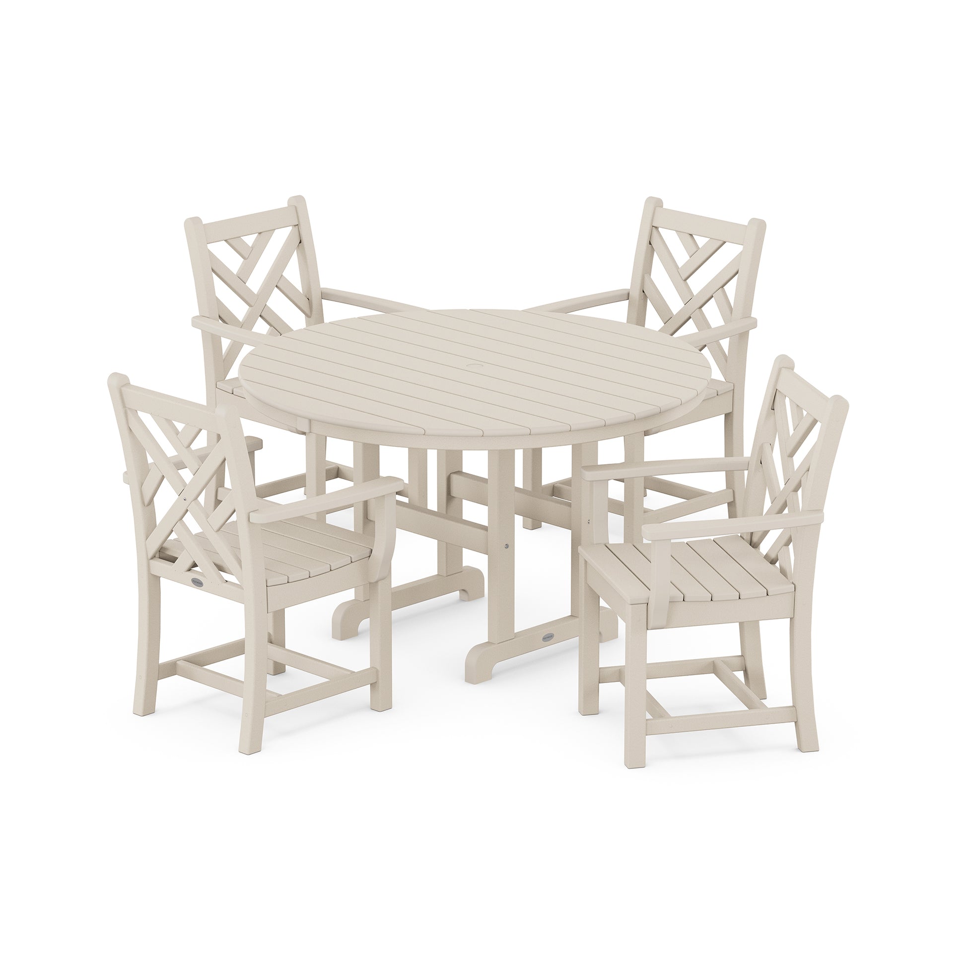 A round, beige POLYWOOD Chippendale 5-Piece Dining Set patio dining table surrounded by four matching chairs with criss-cross back designs, all set on a white background.
