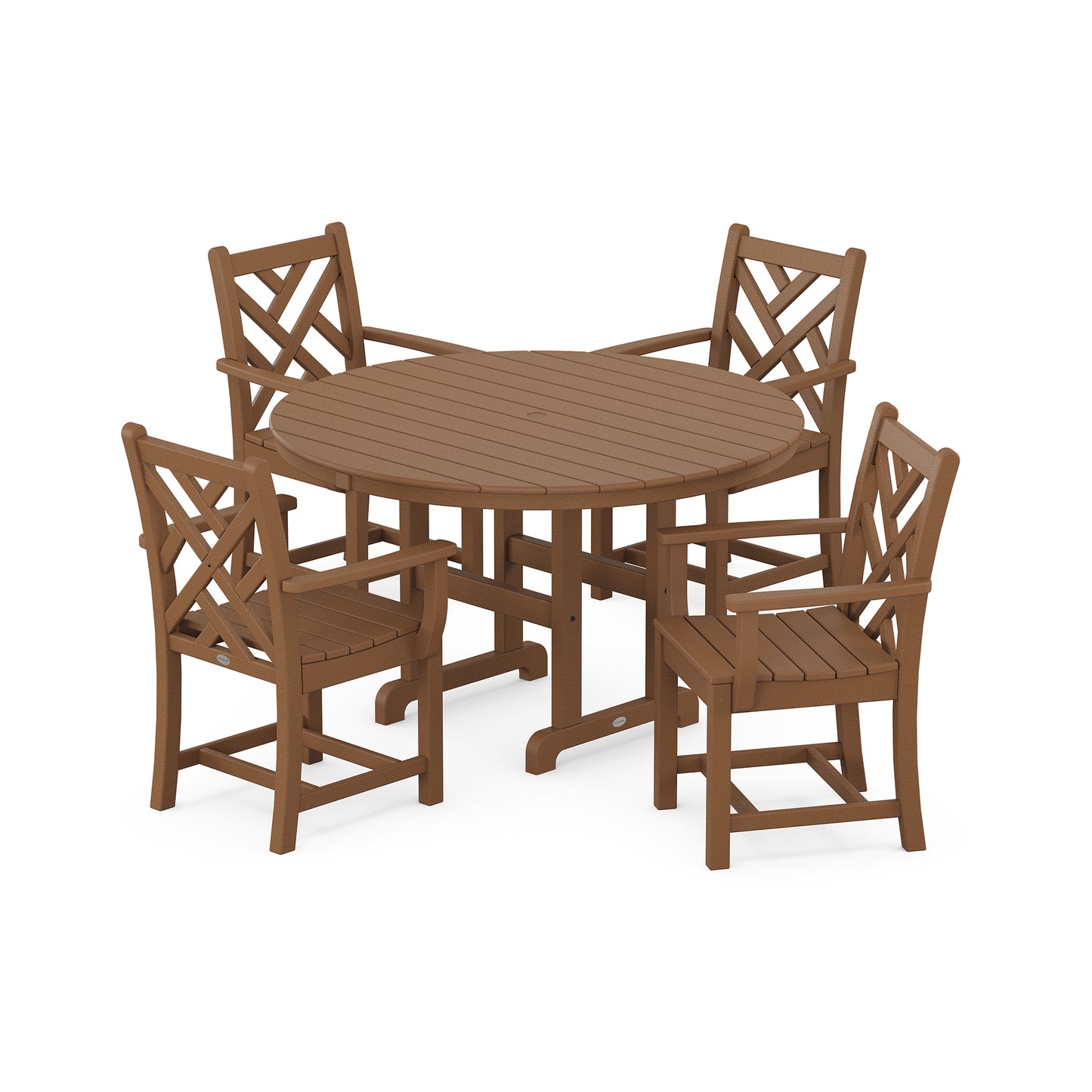 A POLYWOOD Chippendale 5-Piece Dining Set featuring a round table and four chairs made of brown Polywood® recycled lumber, designed with a slatted top and Chippendale patterns on the chair backs, isolated on