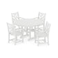 A white POLYWOOD® Chippendale 5-Piece Dining Set consisting of a circular table and four chairs with crossed back designs, all placed on a plain white background.