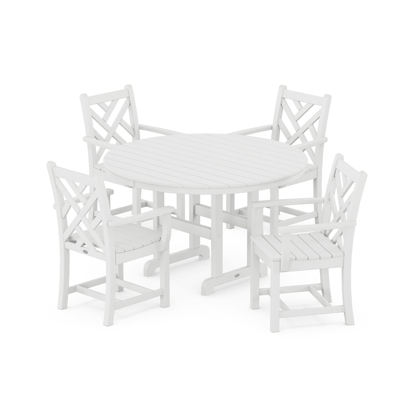 POLYWOOD Chippendale Dining Set featuring a round table with slatted design and four chairs with crisscross backrests.
