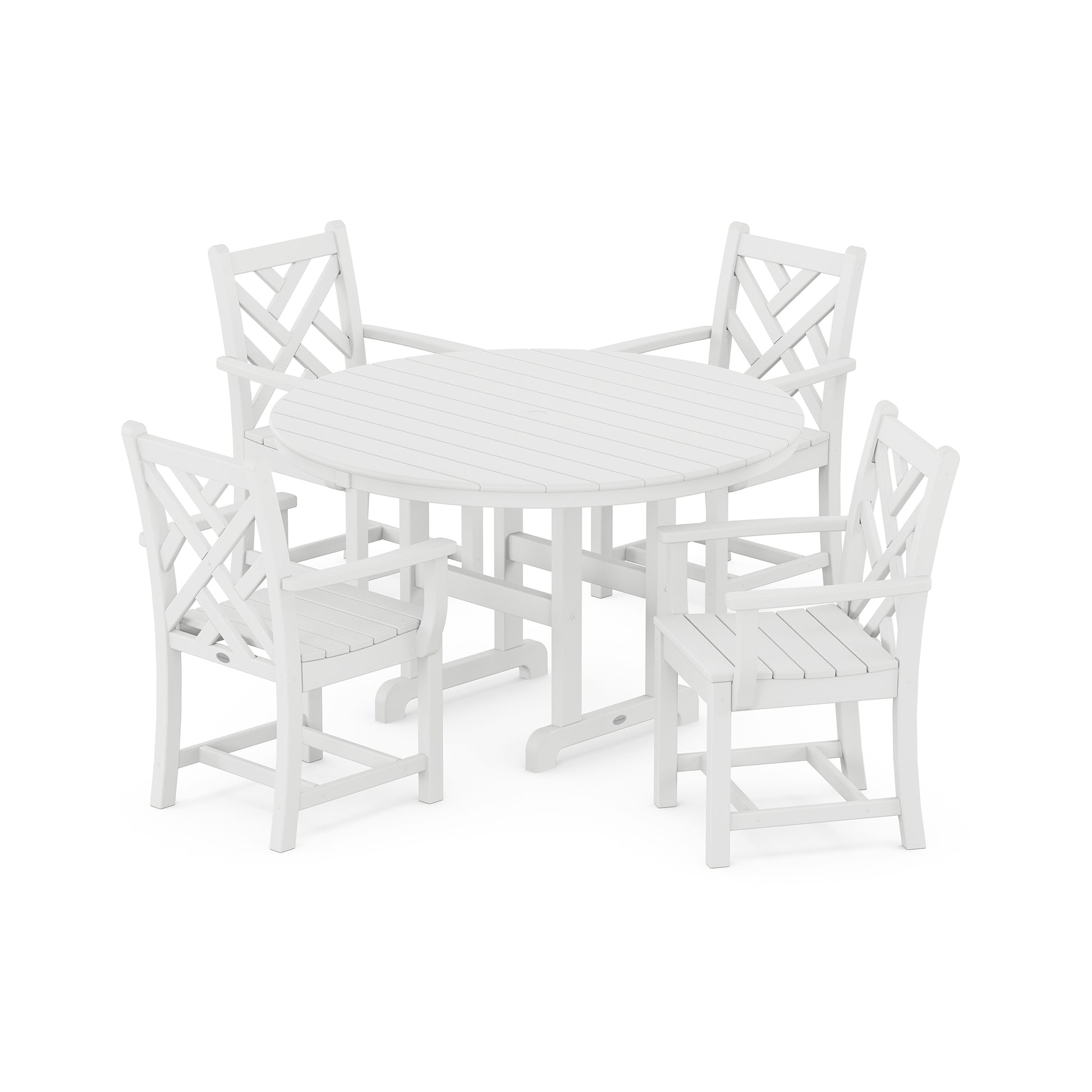 POLYWOOD Chippendale Dining Set featuring a round table with slatted design and four chairs with crisscross backrests.