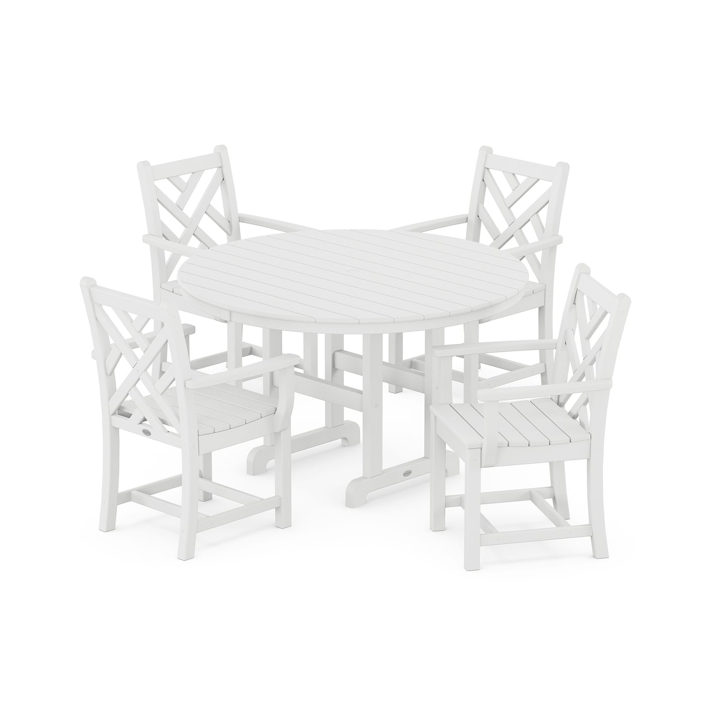 A white POLYWOOD® Chippendale 5-Piece Dining Set consisting of a circular table and four chairs with crossed back designs, all placed on a plain white background.