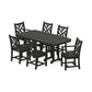 A modern POLYWOOD® Chippendale 7-Piece Dining Set featuring a large rectangular table and six chairs with criss-cross design backs, all in a matte black finish. The set is arranged on a